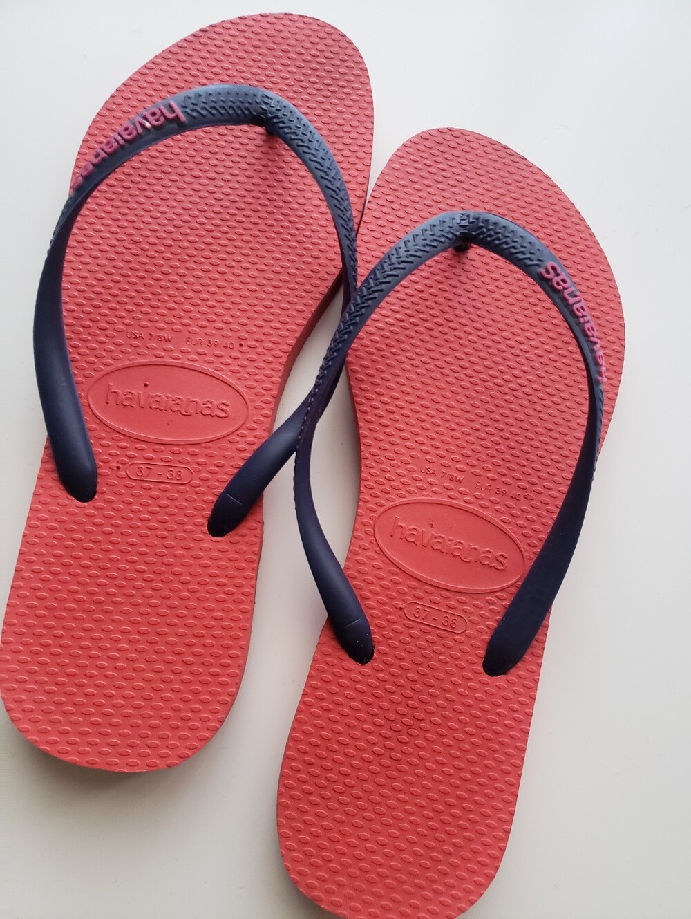 Havaianas Coral Red Flip Flops with Navy Straps